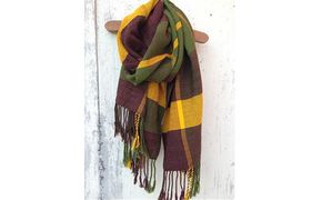 ito to iro 手染め・手織り仕上「ストール」 カーキ×ブラウン×マスタードイエロー・チェック（平織り） ファッション小物 