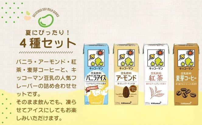 キッコーマン 豆乳 夏にぴったりな4種類 バニラアイス、アーモンド、紅茶、麦芽コーヒー 各200ml ×18本 凍らせても美味しいフレーバー|  飲料 飲み物 ドリンク 豆乳 イソフラボン 健康 人気 ソイミルク たんぱく質 美容 朝食 常温 常温保存 岐阜県 瑞穂市