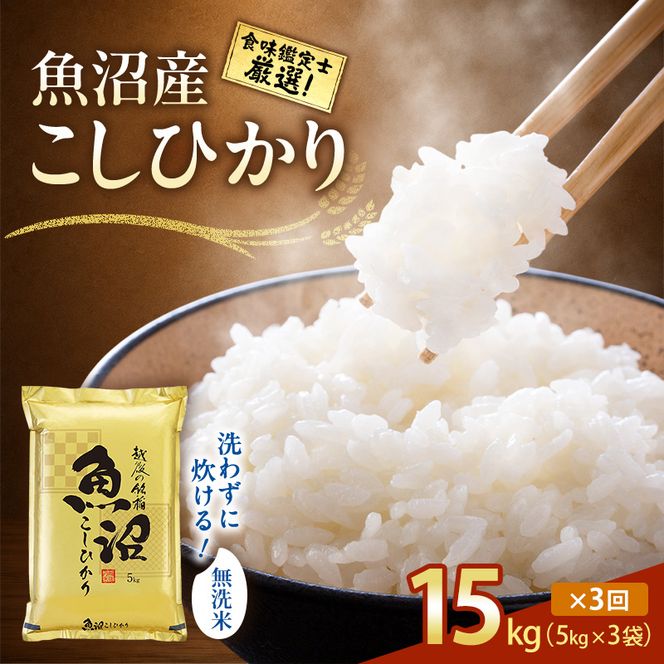 【令和8年産 先行予約】無洗米「3カ月定期便」食味鑑定士厳選！魚沼産こしひかり １５ｋｇ(５ｋｇ×３)×３回 白米 安心 安全 こだわり 米 コシヒカリ 定期 新潟県 十日町市