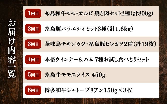 【全6回定期便】糸島・お肉定期便（充実コース） 毎月3-4人前[AAH015]