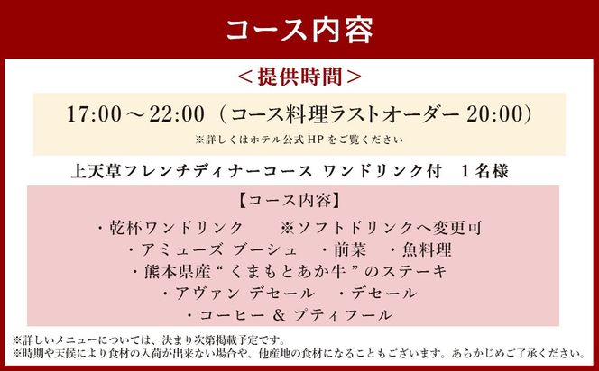 【東京駅上空】27Fのホテルレストラン「上天草フレンチディナーコース ワンドリンク付」1名様 フレンチ ディナー レストラン 食事券 おひとり お一人様 上天草市【2025年11月下旬～2026年1月上旬発送予定】
