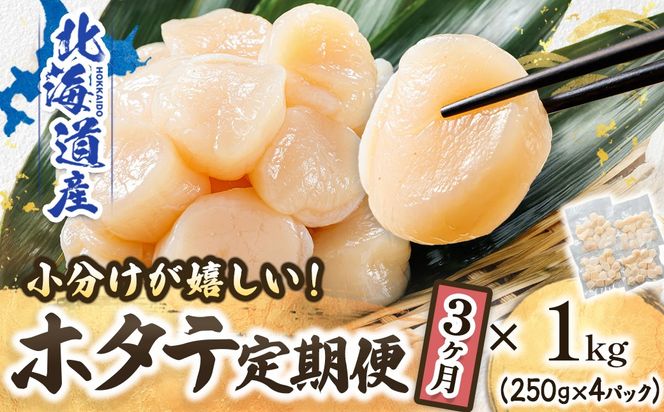 【定期便 3ケ月連続】北海道産 ホタテ貝柱 約250g×4コ 合計1kg | 帆立 ホタテ ほたて 貝柱 冷凍 刺身 刺し身 小分け ホタテ貝柱 刺身 冷凍 セット 産地直送 定期便 魚介類 海鮮 絶品 人気 ヒロセ 北海道 釧路町 釧路超 特産品　121-1262-141-046