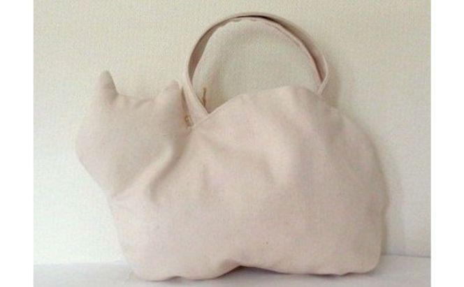 ネコ型帆布トートバッグ　白猫 ファッション かばん 国産 生地 厚手 ポケット 