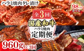 【定期便】定期便　和牛入国産牛　ハラミ焼肉　秘伝の自家製タレ漬け(480g×2)全３回【FO52W】（滋賀県　近江八幡市）