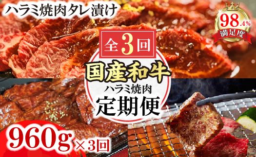 【定期便】定期便　和牛入国産牛　ハラミ焼肉　秘伝の自家製タレ漬け(480g×2)全３回【FO52W】（滋賀県　近江八幡市）