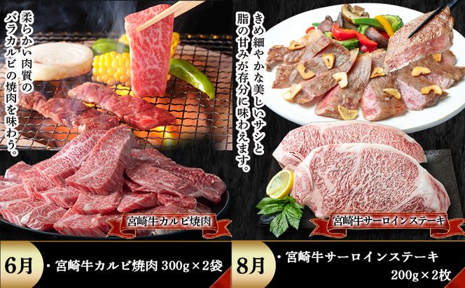 宮崎牛定期便(5回お届け) Aコース_N25-001-T5 宮崎牛 食べ比べ  バラ ウデ モモ カルビ サーロイン 肩ロース 切り落とし ブロック ステーキ スライス 5回 すき焼き 牛丼 炒め物 焼肉