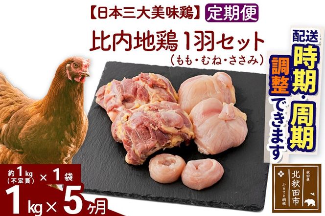 《定期便5ヶ月》 比内地鶏 1羽セット（もも・むね・ささみ） 約1kg（約1kg（不定貫）×1袋）×5回 計5kg 時期選べる お届け周期調整可能 5か月 5ヵ月 5カ月 5ケ月 5キロ 国産 冷凍 正肉 鶏肉 鳥肉|jaat-021105