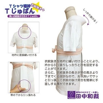Tじゅばん Tシャツ襦袢 衣紋抜き＋【色柄 種類:白レース木綿】女性用 田中和裁 S/M/L/LL ファッション レディース 織物