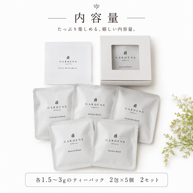 ハーブティー アソート 5種 セット GARDENS ブレンド 計20包 ティーバッグ レモングラス カモミール ハイビスカス ローズレッド ルイボス 飲み比べ ハーブ ティー オリジナル 自然素材 ギフト 贈り物 贈答 お茶 飲み物 飲料 ふるさと納税 静岡県 藤枝市