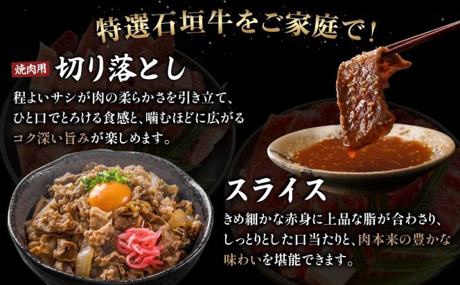 【2025年11月以降順次発送】希少な特選石垣牛をご家庭で！！切り落とし焼き肉用とスライスの大満足食べ比べ 合計1.2kg &石垣牛 MARU秘伝の焼肉タレ100ml×1本