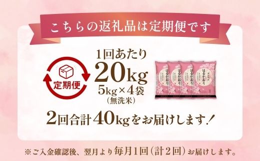 【 1ヶ月毎2回定期便 】 【 無洗米 】 はるかおり 20kg （ 5kg × 4袋 ） 計40kg お米 米 こめ コメ 白米 白飯 飯 ご飯 おにぎり 和食 国産 福岡県産 定期 定期配送