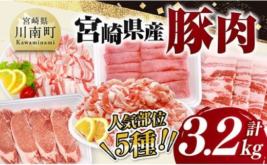 宮崎県産豚肉5種　3.2kg 【 豚肉 ぶた肉 肉 ロース バラ 切り落とし ミンチ 焼肉用 しゃぶしゃぶ 豚肉セット 】[D11622]