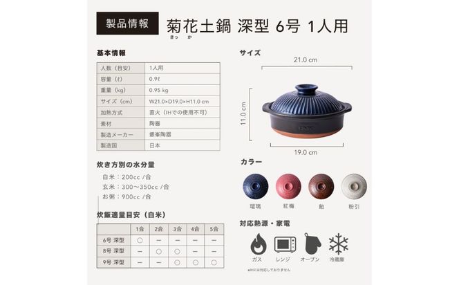 G.M.P【萬古焼（ばんこやき）】菊花 深型土鍋 6号 カラー：瑠璃【一人用、一合、1合、秋、冬、おしゃれ、ご飯、ごはん 、二人用、家族 、2人、料理、贈り物、直火、レンジ、炊飯、鍋、なべ、スープ、煮物、ご自宅、菊花 銀峯 GINPO 三重県 四日市 ふるさと納税】