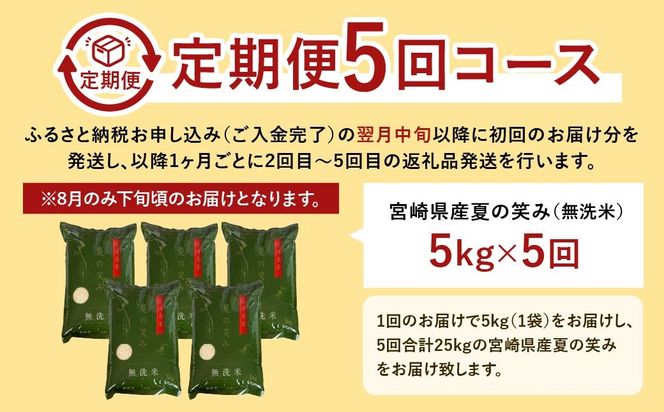 ＜【5ヶ月定期便】令和6年産 宮崎県産 夏の笑み（無洗米）5kg＞お申込みの翌月中旬以降に第1回目発送（8月は下旬頃）【c1242_ku】 米 夏の笑み 無洗米 精米 希少 品種 白米 お米 ご飯 宮崎県産