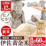 isa603 《数量限定・12回定期便》令和7年産 小北農場の新米 伊佐黄金米〈ヒノヒカリ〉(計60kg・5kg×1袋×12回) 鹿児島 伊佐 新米 お米 特別栽培米 伊佐米 白米 ヒノヒカリ ひのひかり おにぎり ごはん 【小北農場】
