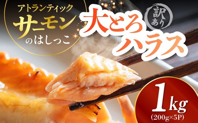 099H5085 訳あり 総量1kg! アトランティックサーモンの大とろハラス 200g×5P 小分け 鮭ハラス 腹ヒレ肉 昆布塩加工 はしっこ