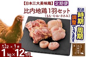 《定期便12ヶ月》 比内地鶏 1羽セット（もも・むね・ささみ） 約1kg（約1kg（不定貫）×1袋）×12回 計12kg 時期選べる お届け周期調整可能 12か月 12ヵ月 12カ月 12ケ月 12キロ 国産 冷凍 正肉 鶏肉 鳥肉|jaat-021112