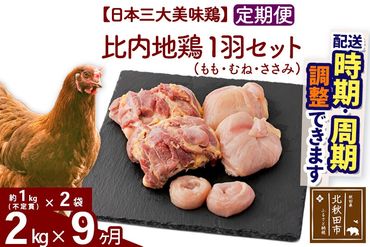 《定期便9ヶ月》 比内地鶏 1羽セット（もも・むね・ささみ） 約2kg（約1kg（不定貫）×2袋）×9回 計18kg 時期選べる お届け周期調整可能 9か月 9ヵ月 9カ月 9ケ月 18キロ 国産 冷凍 正肉 鶏肉 鳥肉|jaat-021209