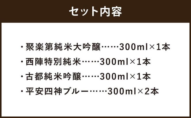 【高島屋選定品】＜佐々木酒造＞ 飲み比べセット（300ml×5本）[ 京都 老舗 酒蔵 日本酒 お酒 聚楽第 純米大吟醸 西陣 特別純米 古都 純米吟醸  平安四神 吟醸酒 5本 人気 おすすめ お取り寄せ 通販 送料無料 ふるさと納税 ] 261009_A-TY116