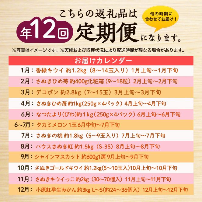 フルーツ定期便 果物 定期便 全12回 香川県産 国産 讃岐 香緑キウイ さぬきひめ苺 いちご デコポン びわ メロン 桃 ぶどう シャインマスカット さぬきキウイっこ 小原紅早生みかん みかん 毎月お届け くだもの 五色青果 香川県 東かがわ市