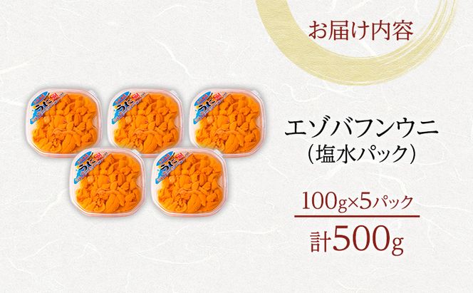 北海道 礼文島産 採れたて ミョウバン不使用 エゾバフンウニ 塩水パック 500g(100g×5個)［株式会社やまじょう］【 うに ウニ 雲丹 生うに 塩水うに バフンウニ 滅菌海水 海鮮 うに丼 濃厚 甘み 】