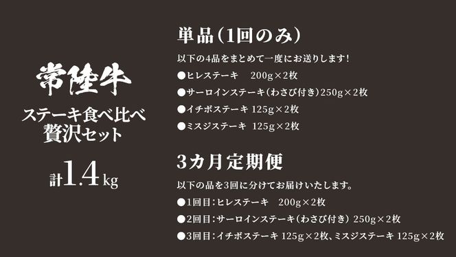 【 常陸牛 】 ステーキ 食べ比べ 贅沢 セット 計1.4kg【 選べる 発送回数 】（ 茨城県共通返礼品 ) 牛肉 肉 牛 国産 和牛 ヒレ ヘレ サーロイン イチボ ミスジ すてーき 定期便 3ケ月 [BM162us00]