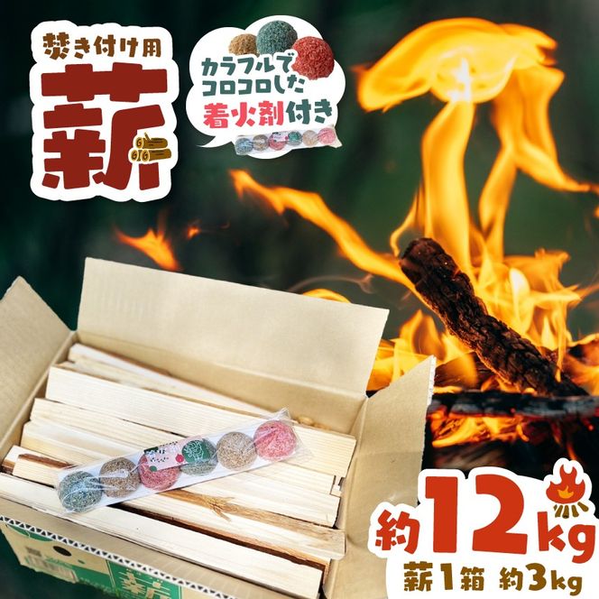 信州産焚き付け用薪 カラフルでコロコロした着火剤 付き（6個入）選べる 約12kg （約3kg×4箱)｜長野県 伊那市 信州 薪 焚き付け用薪 着火剤付き キャンプ BBQ アウトドア【012-26】