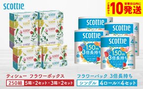 【スコッティ】ティシュー フラワーボックス 250組（5箱パック×2セット・3箱パック×2セット）＋フラワーパック 3倍長持ち（4ロール(シングル)パック×4セット）ティッシュ トイレットペーパー 日