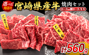 宮崎県産 黒牛 焼肉 赤身 牛肉 焼肉セット ロース 肩ロース モモ 2点盛り 560g(280g × 2パック)焼肉用 肉 お肉 牛 国産牛 食べ比べ セット 小分け 真空パック  冷凍 贈答 贈答用 ギフト BBQ アウトドア キャンプ  国産 国産牛 九州 宮崎県 えびの市 