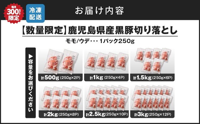 【14営業日以内に発送】＜容量選べる！＞【数量限定】鹿児島県産黒豚切り落とし　500g～3kg　K025-001