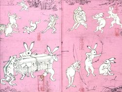 【芸艸堂】和綴じ製本の御朱印帳（鳥獣戯画・兎）＆てぬぐい（青地に白千鳥） 261009_B-AE01VC10