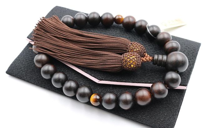 【中郷の京念珠】男性用 縞黒檀（虎目石入り）の数珠（じゅず）＋数珠袋＋金封ふくさ 3点セット 261009_B-ST02