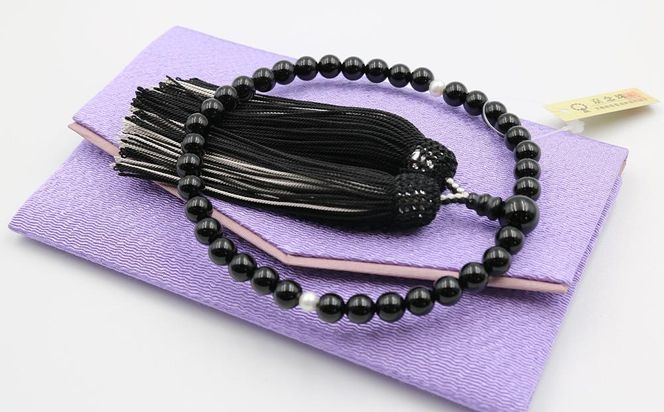 【中郷の京念珠】女性用 オニキス（淡水真珠入り）の数珠（じゅず）＋数珠袋＋金封ふくさ 3点セット 261009_B-ST03