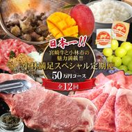 【定期便・全12回】日本一宮崎牛と小林市の魅力満載!!!!小林満足スペシャル定期便 50万円コース（国産 牛肉 国産牛 和牛 黒毛和牛 キャビア シャインマスカット マンゴー 完熟マンゴー フルーツ 果実 くだもの 豚肉 鶏肉 定期便）