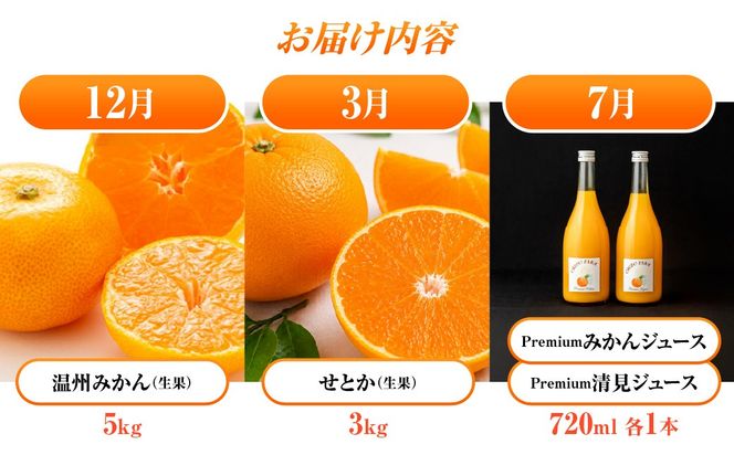 夕焼け定期便　12月温州みかん(生果)5kg　3月せとか(生果)3kg　7月Premiumみかんジュース、Premiaum清見ジュース、720ml各1本 IKTAT025