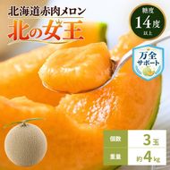 〈先行受付〉【2027年夏発送】北海道 赤肉メロン 北の女王 秀品 3玉 総重量 約4kg 令和9年 メロン 果物 フルーツ 旬 季節 希少 貴重 甘い 豊潤 国産 デザート 産地直送 ギフト お祝い 贈答品 贈り物 常温