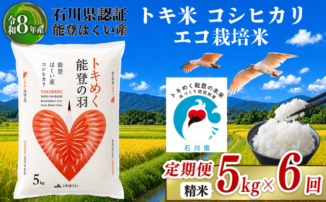 令和8年産 先行予約 新米予約 石川県産 コシヒカリ トキ米 精米 定期便 5kg × 6回 計 30kg エコ栽培米