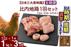 《定期便3ヶ月》 比内地鶏 1羽セット（もも・むね・ささみ） 約1kg（約1kg（不定貫）×1袋）×3回 計3kg 時期選べる お届け周期調整可能 3か月 3ヵ月 3カ月 3ケ月 3キロ 国産 冷凍 正肉 鶏肉 鳥肉|jaat-021103