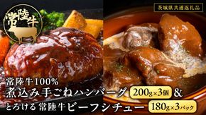 常陸牛100％ 煮込み 手ごね ハンバーグ 600g（ 200g × 3パック）とろける 常陸牛 ビーフシチュー 540g（ 180g ×3パック）【茨城県共通返礼品】 黒毛和牛 和牛 牛肉 肉 レトルト 冷凍 小分け 簡単 シチュー 小分け [FE023us]