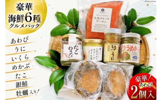 海鮮 セット 6種グルメパック1 蝦夷あわび 2個入 汐うに 65g イクラめかぶ 130g たこわさび 150g 生風スモークサーモン 200g 三陸カキのオリーブオイル 90g [たみこの海パック 宮城県 南三陸町 30ae0030] 冷凍 アワビ ウニ イクラ タコ カキ