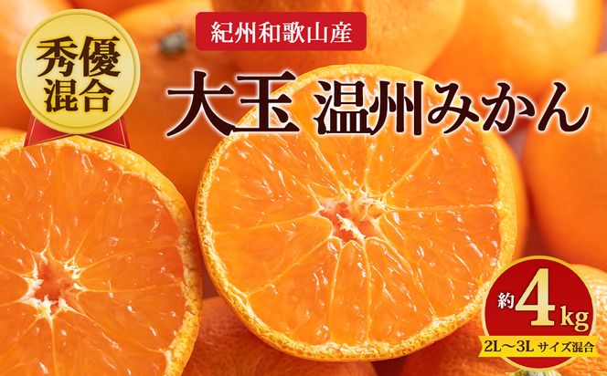 【先行予約】【秀優混合】紀州和歌山産 大玉 温州みかん 約4kg（箱込み） 2L～3L サイズ混合