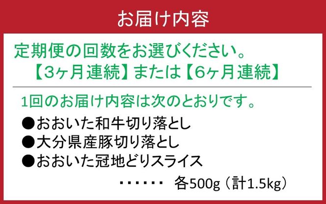 【定期便/3ヶ月or6ヶ月連続】毎日の献立に！おおいたの牛・豚・鶏をセットでお届け 切り落とし 切落し スライス_2574R