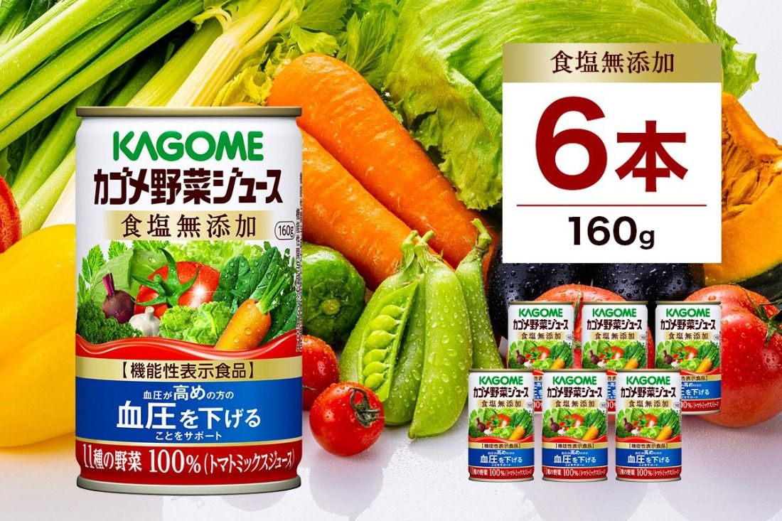 ns038-003 カゴメ 野菜 ジュース 食塩 無添加 160g × 6缶 100% 機能性表示食品 11種類の野菜 濃縮トマト 緑黄色野菜 野菜ジュース セロリ ビート レタス キャベツ ほうれん草 食塩不使用 無塩 缶 飲料 ドリンク とまと GABA 血圧 かごめ KAGOME 送料無料 那須塩原市