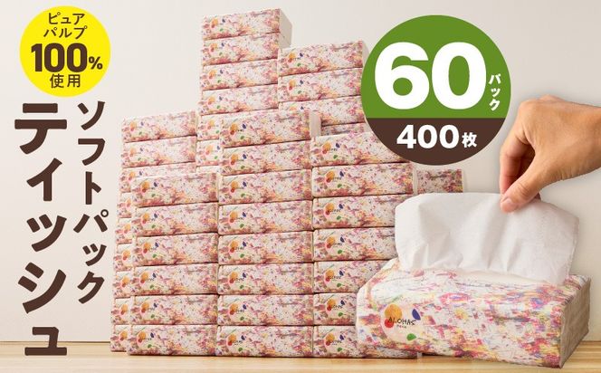 010B1754 ソフトパックティッシュ 60パック×400枚 200組【ピュアパルプ100％ 高評価 人気急上昇 まとめ買い 日用品 常備品 てぃっしゅ 備蓄 防災 ALOHAS】