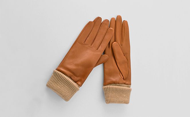 レディース イタリアンレザーロングカフスグローブ ファッション 小物 イタリアンラムレザー ピケ縫い キャメル ニットカフス 