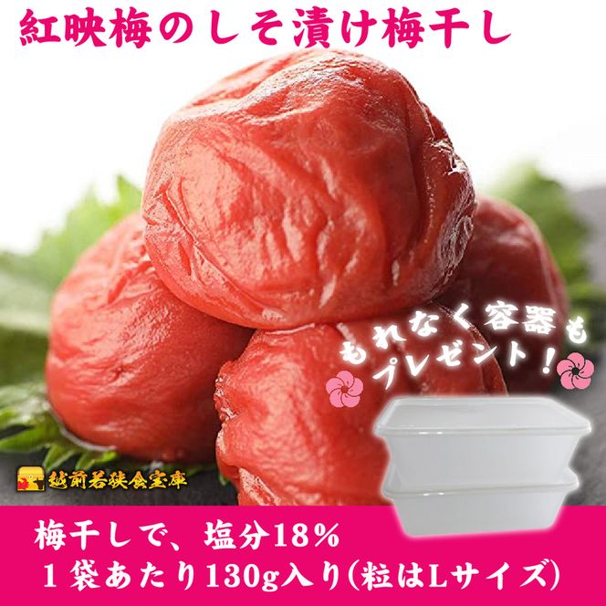 【訳あり】大入り梅干し130g×3袋 合計 390g 【保存容器付き】 発酵食品 昔ながらの梅干し すっぱい しそ漬け 塩分18％ Lサイズ 紅映梅を使用 福井県の特産 訳ありはパッケージ変更のため
