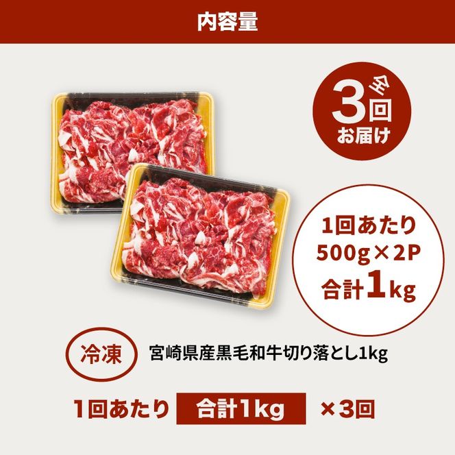 宮崎県産黒毛和牛 贅沢切り落とし1kg(500g×2)×3回定期便 K16_T014