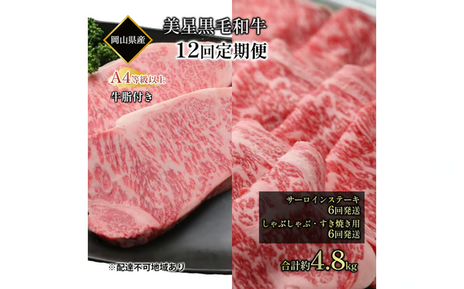 黒毛和牛 定期便 12回発送 サーロインステーキ 約400g ×6回 しゃぶしゃぶ すき焼き 用 約400g ×6回 合計 約4.8kg A4等級 以上 牛脂付き サーロイン 美星牛 美星牧場 岡山 [№5735-1974]