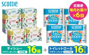 【定期便6回】【毎月お届け】【スコッティ】 組み合わせ ティシュー フラワーボックス 250組 16箱 計96箱 トイレットロール シングル フラワーパック 3倍長持ち 16ロール 計96ロール ティッシュ トイレットペーパー 日用品 ストック 防災備蓄 ストック 備蓄 新生活 防災 消耗品 生活用品 日用消耗品 箱ティッシュ