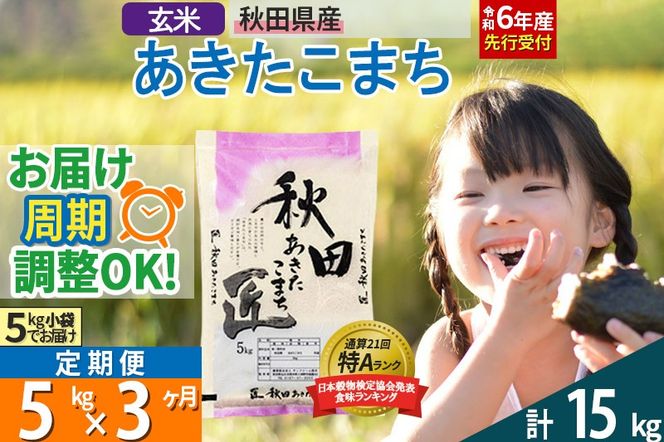 【玄米】＜令和6年産 予約＞ 《定期便3ヶ月》秋田県産 あきたこまち 5kg (5kg×1袋)×3回 5キロ お米【お届け周期調整 隔月お届けも可】|02_snk-020303s